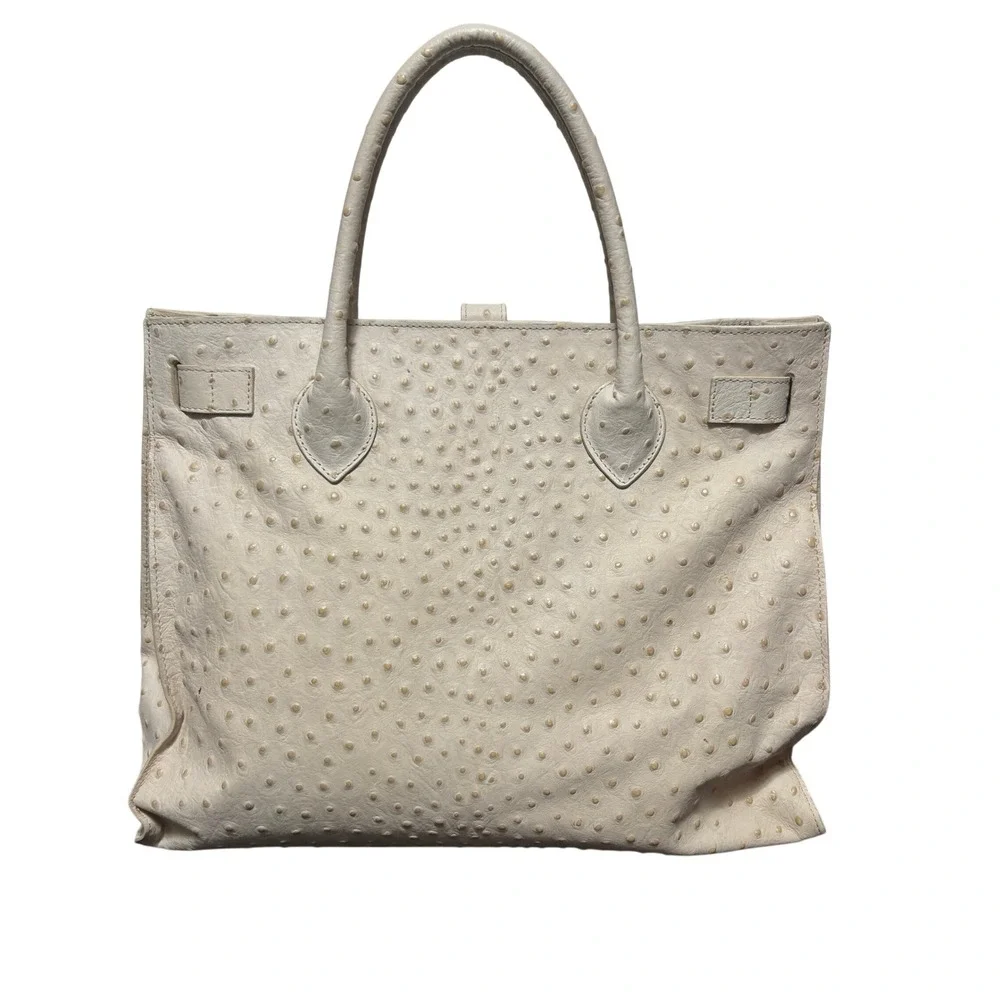 Furla Cream Ostrich Embossed Leather Satchel Double Handle Tote Handbag Women OS
